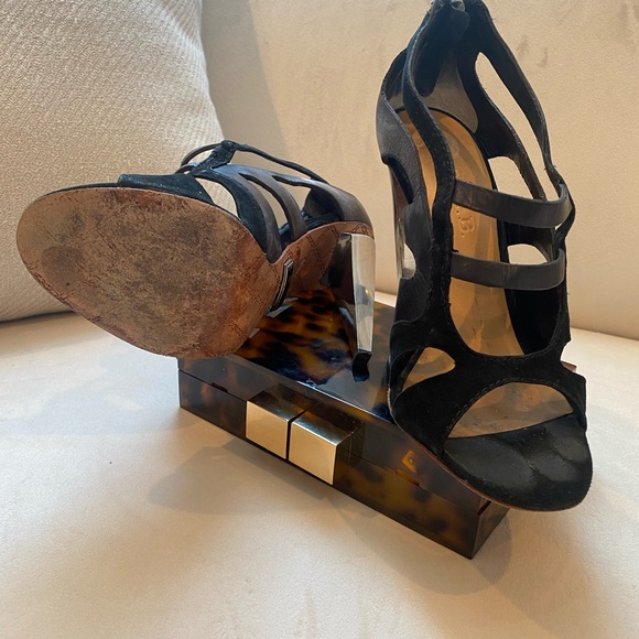 L.A.M.B leather and suede sandals with geometric metal heel. Size 6 - Picture 7 of 9
